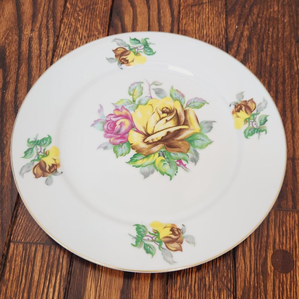 Gorgeous Japan Rose Plate Decor Yellow Pink Green Brown